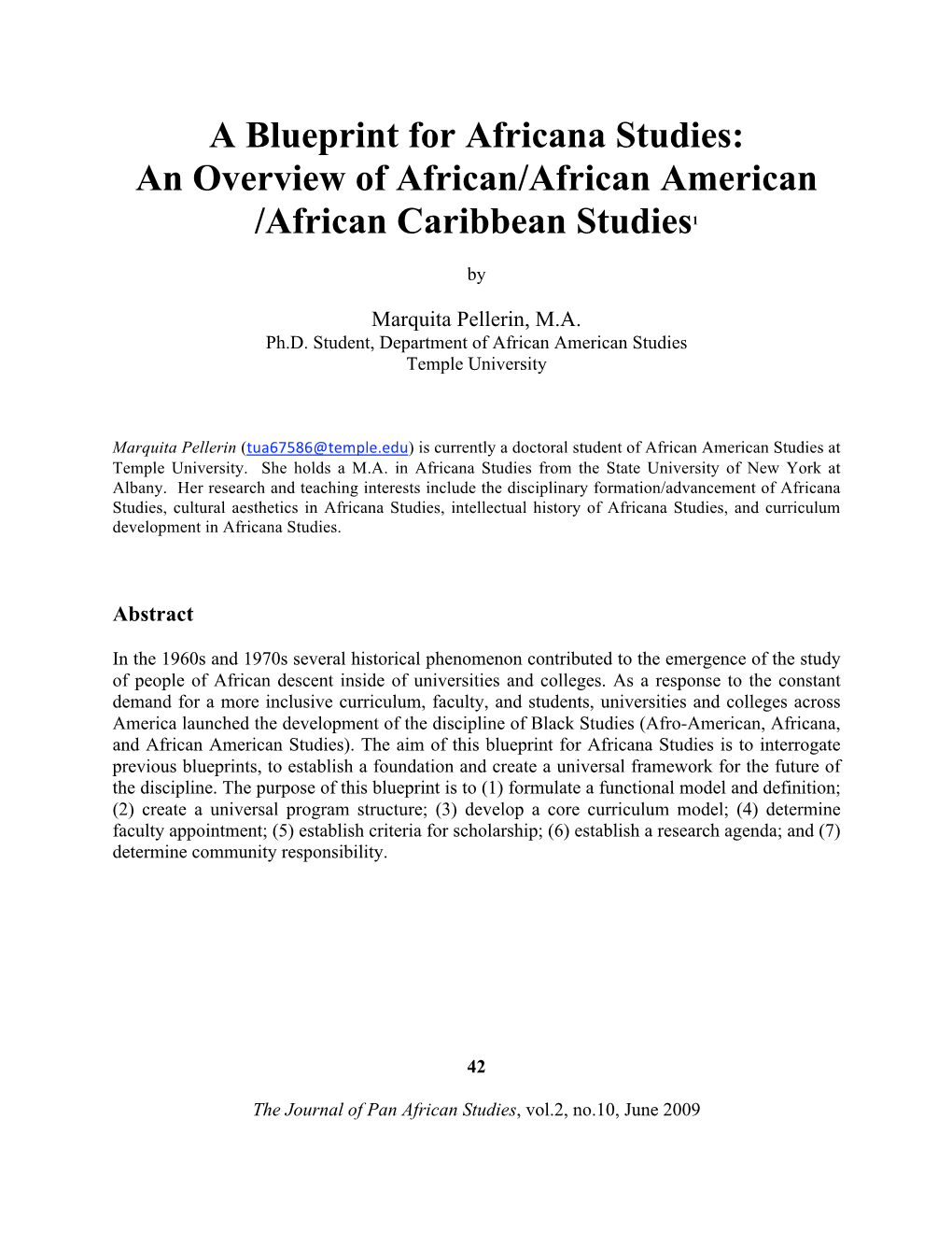 A Blueprint for Africana Studies: an Overview of African/African American /African Caribbean Studies1