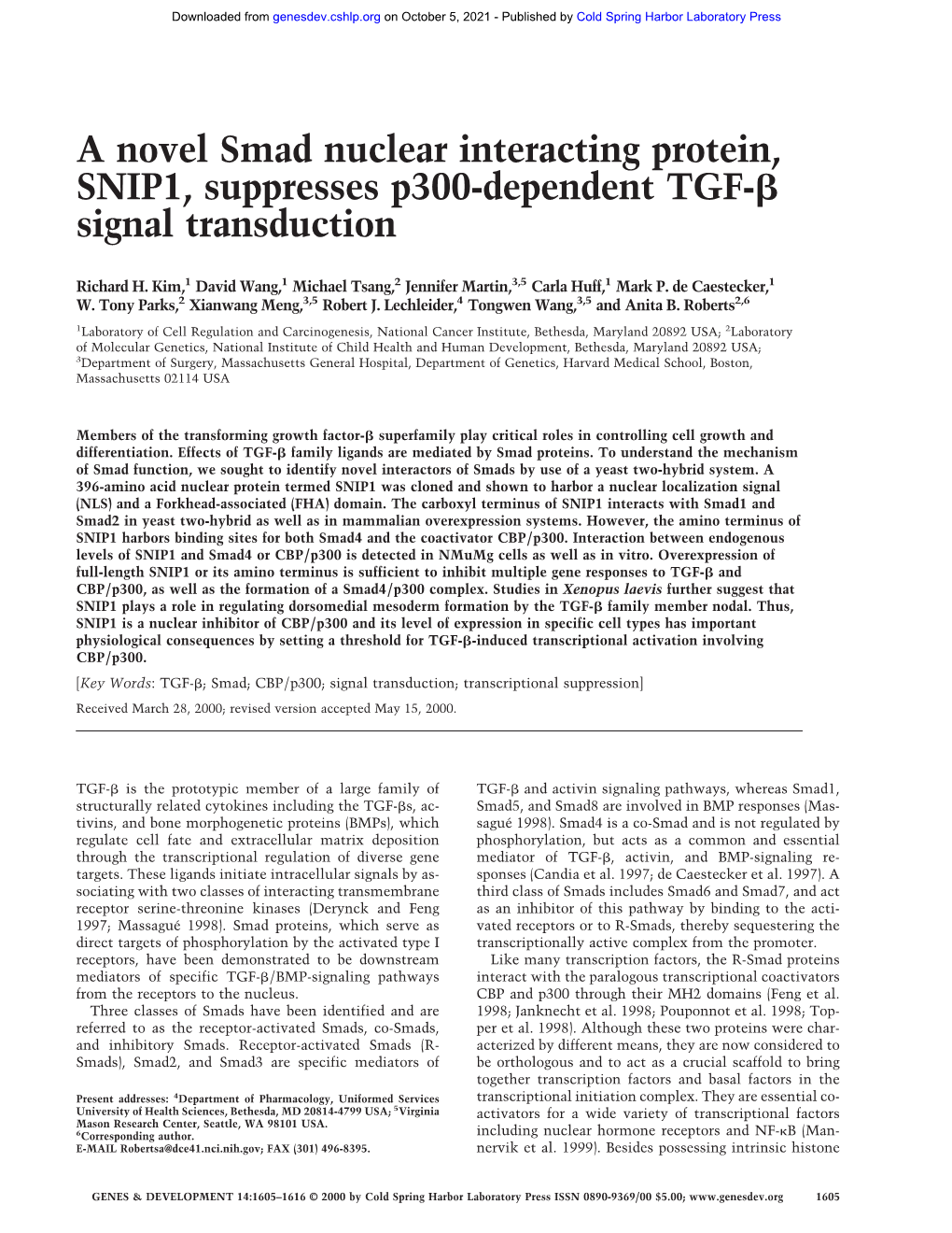 A Novel Smad Nuclear Interacting Protein, SNIP1, Suppresses P300-Dependent TGF-␤ Signal Transduction