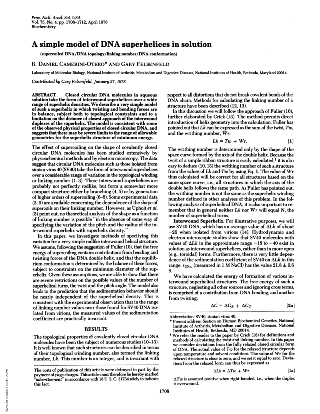 A Simple Model of DNA Superhelices in Solution (Supercoiled DNA/DNA Topology/Linking Number/DNA Conformation) R