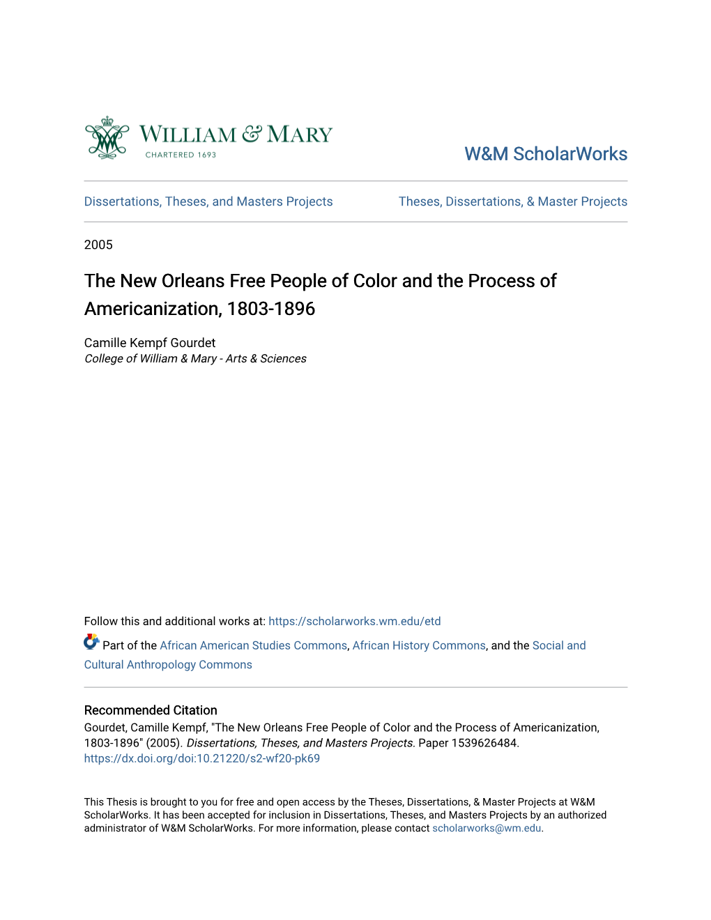 The New Orleans Free People of Color and the Process of Americanization, 1803-1896