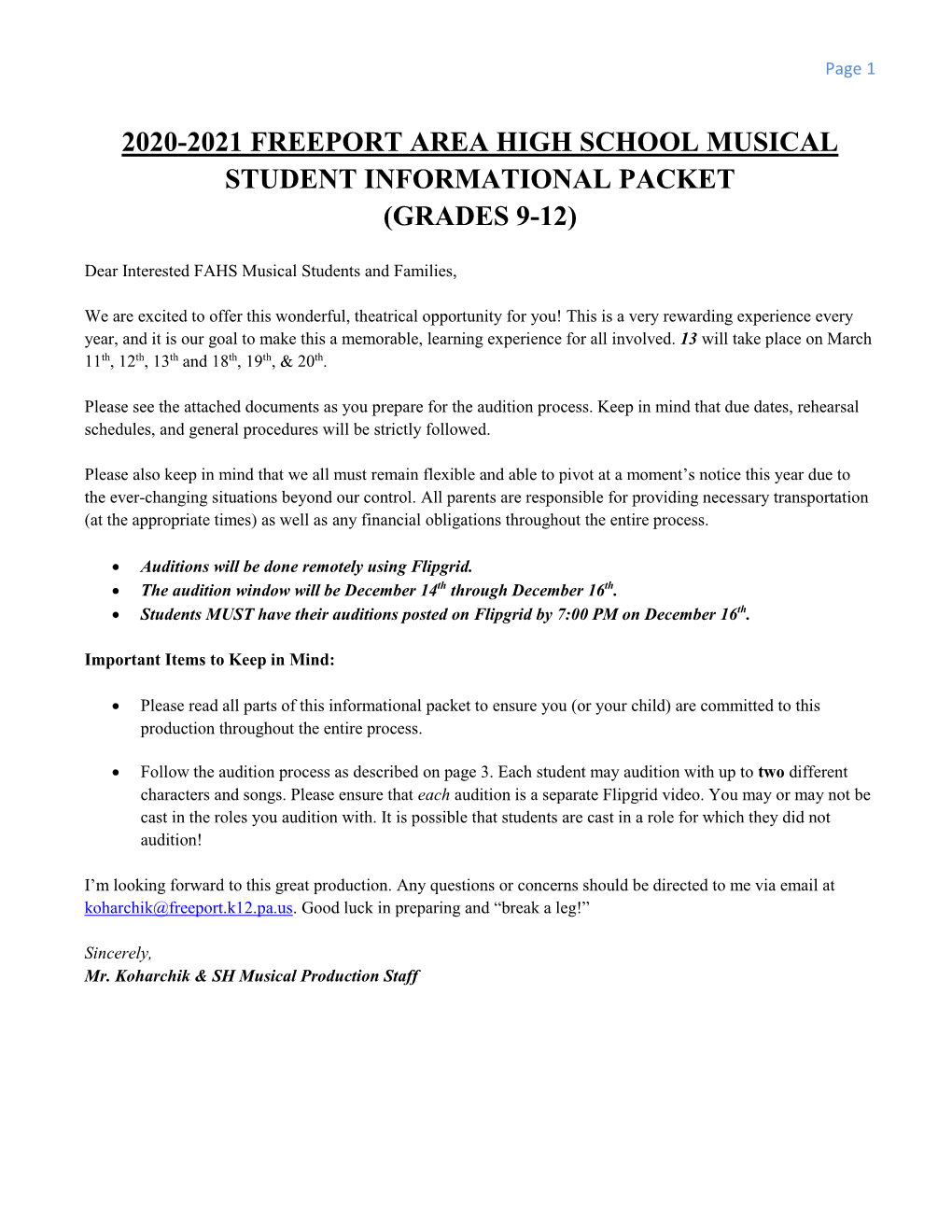 2020-2021 Freeport Area High School Musical Student Informational Packet (Grades 9-12)