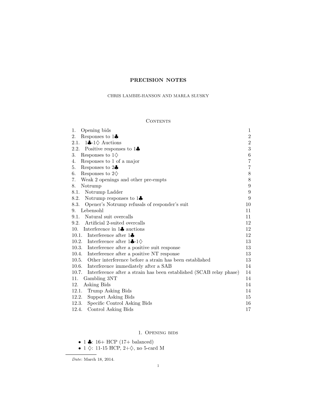 PRECISION NOTES Contents 1. Opening Bids 1 2. Responses to 1