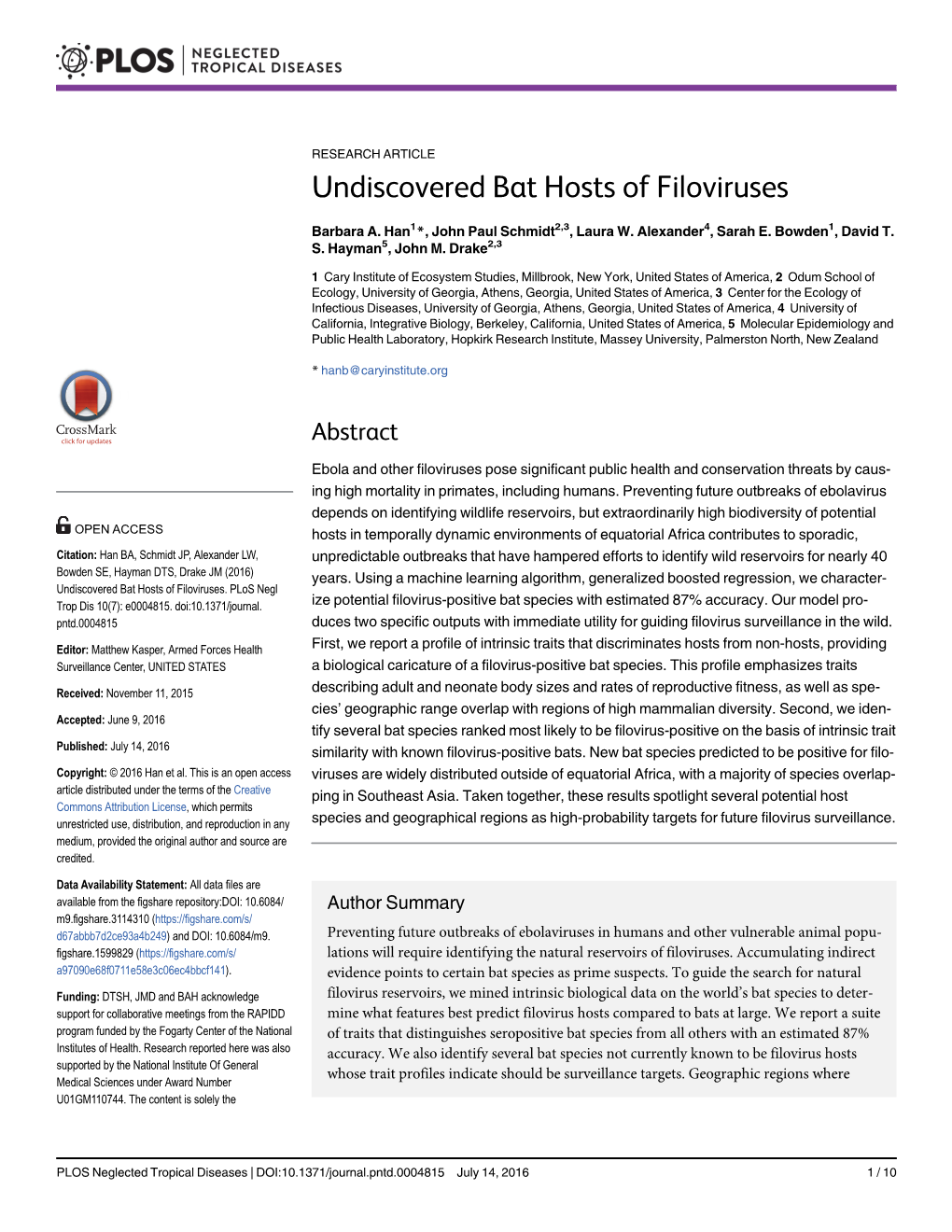 Undiscovered Bat Hosts of Filoviruses