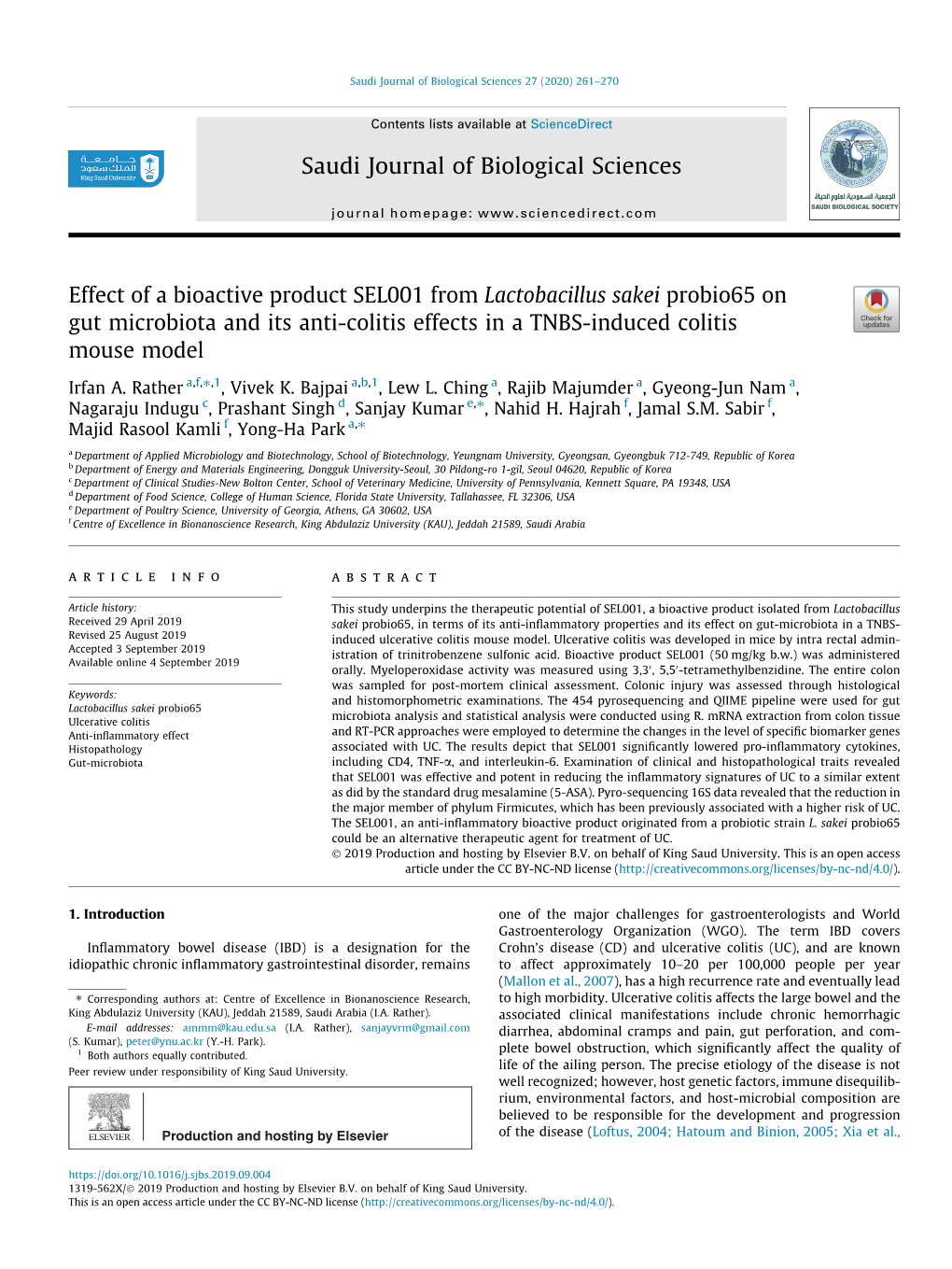 Effect of a Bioactive Product SEL001 from Lactobacillus Sakei Probio65 on Gut Microbiota and Its Anti-Colitis Effects in a TNBS-Induced Colitis Mouse Model ⇑ Irfan A