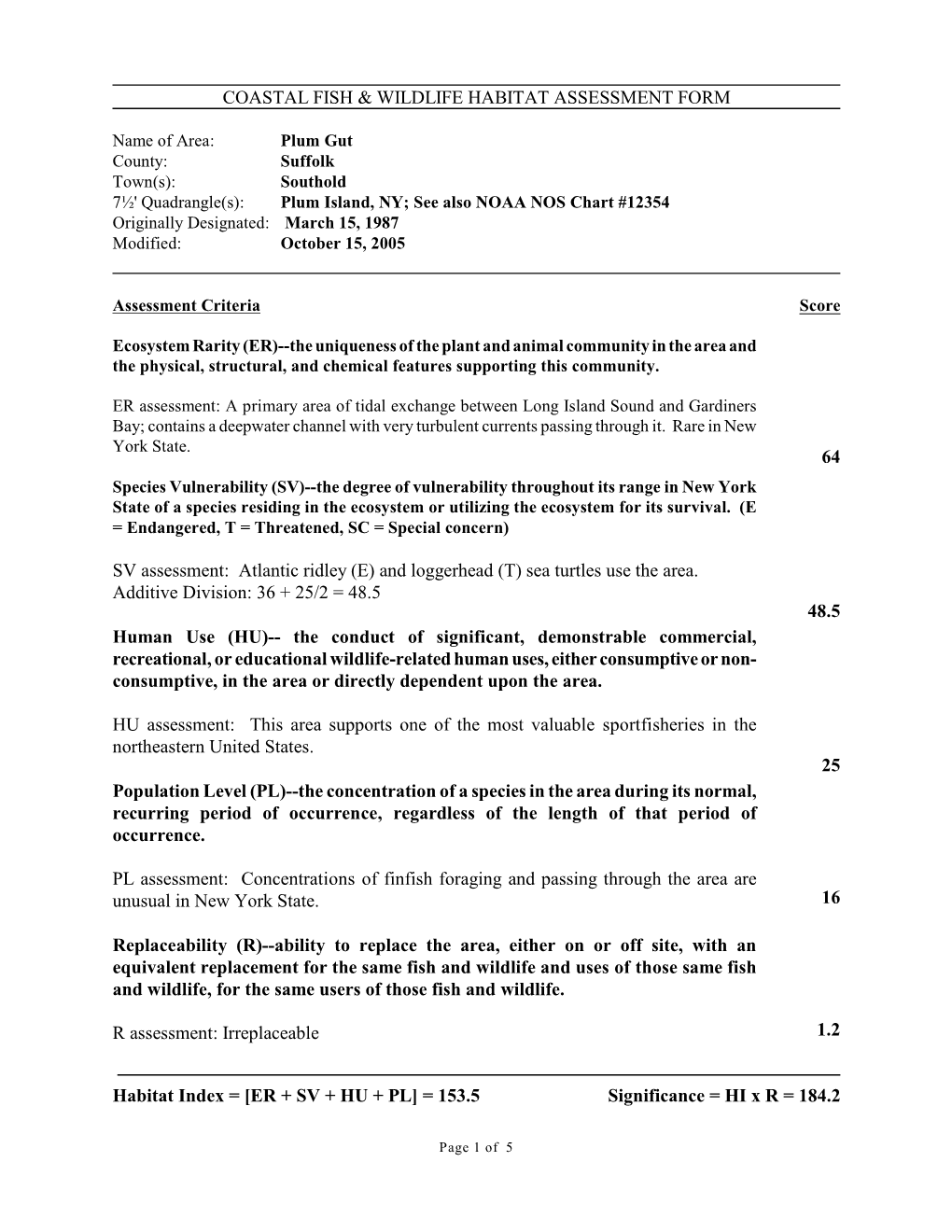 Coastal Fish & Wildlife Habitat Assessment Form