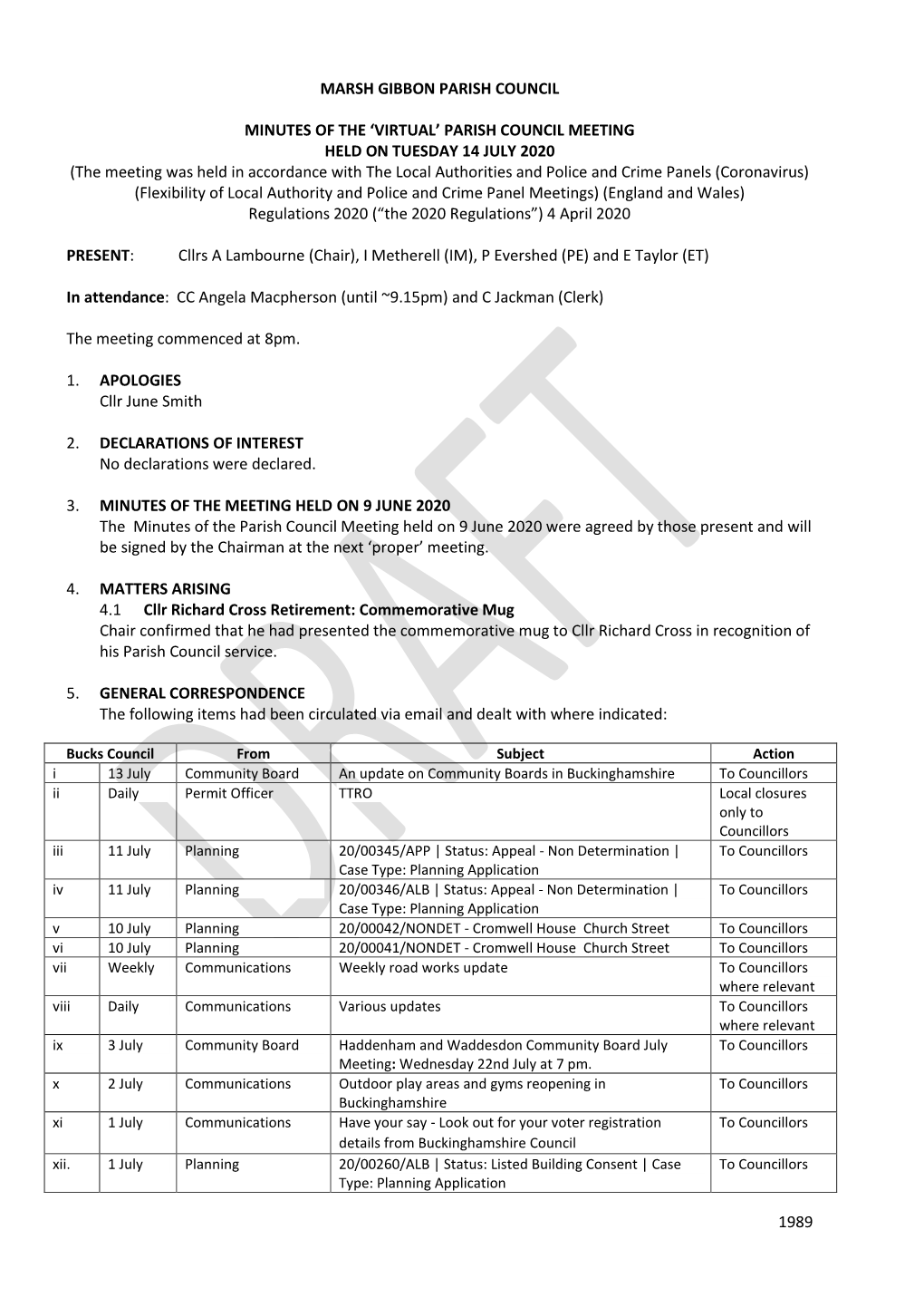 1989 Marsh Gibbon Parish Council Minutes Of