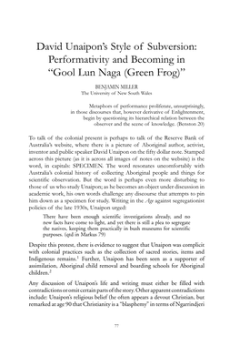 David Unaipon's Style of Subversion: Performativity and Becoming In