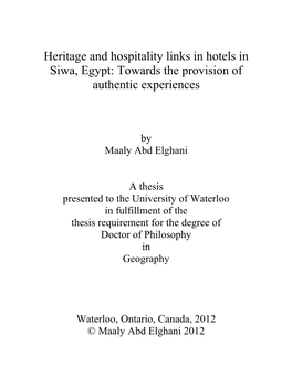 Heritage and Hospitality Links in Hotels in Siwa, Egypt: Towards the Provision of Authentic Experiences