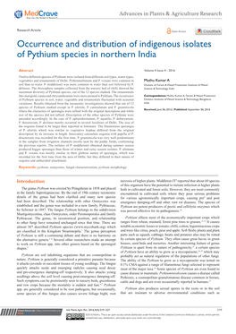 Occurrence and Distribution of Indigenous Isolates of Pythium Species in Northern India
