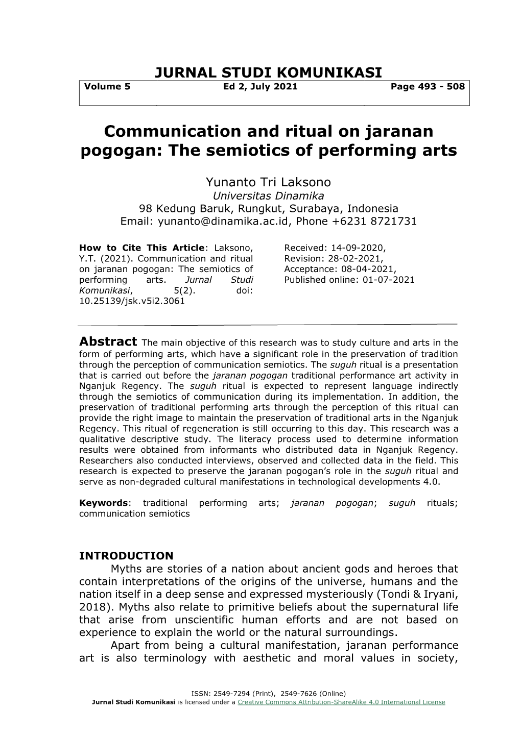 Communication and Ritual on Jaranan Pogogan: the Semiotics of Performing Arts
