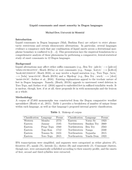 Liquid Consonants and Onset Sonority in Dogon Languages Keywords: Dogon Languages, Phonology, Lexical Statistics, Liquids