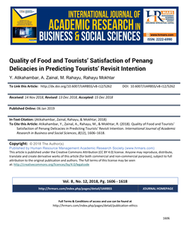 Quality of Food and Tourists' Satisfaction of Penang Delicacies In