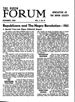 Republicans and the Negro Revolution - 1965 a Special Year-End Ripon Editorial Report the Editors of the Ripon FORUM E*Ess in This with Anguish And