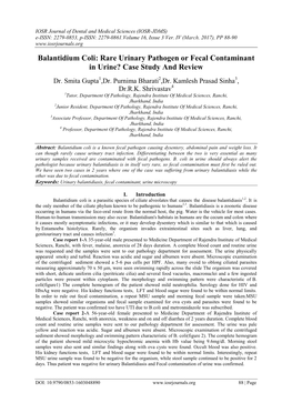 Balantidium Coli: Rare Urinary Pathogen Or Fecal Contaminant in Urine? Case Study and Review