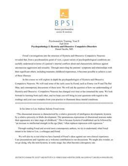 Psychoanalytic Training, Year II Fall 2018 Psychopathology I: Hysteria and Obsessive- Compulsive Disorders Daniel Jacobs, MD