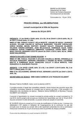 PROCÈS-VERBAL Des DÉLIBÉRATIONS Conseil Municipal