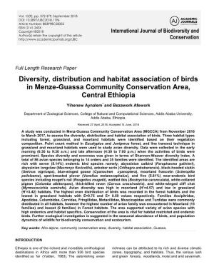 Diversity, Distribution and Habitat Association of Birds in Menze-Guassa Community Conservation Area, Central Ethiopia