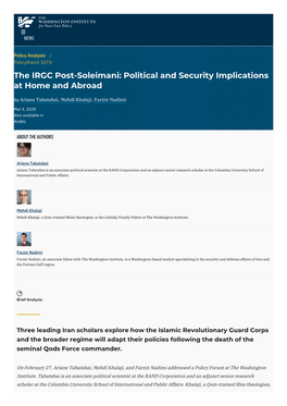 The IRGC Post-Soleimani: Political and Security Implications at Home and Abroad by Ariane Tabatabai, Mehdi Khalaji, Farzin Nadimi