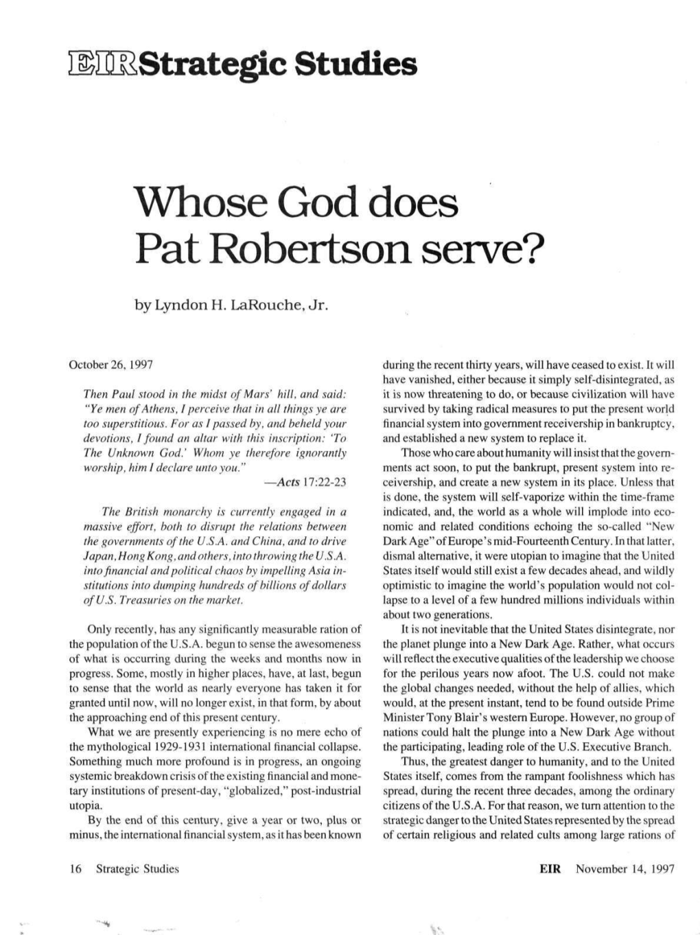 Whose God Does Pat Robertson Serve?