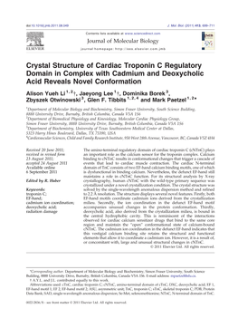Crystal Structure of Cardiac Troponin C Regulatory Domain in Complex with Cadmium and Deoxycholic Acid Reveals Novel Conformation