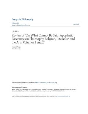 Worley Review of on What Cannot Be Said Apophatic Discourses in Philos