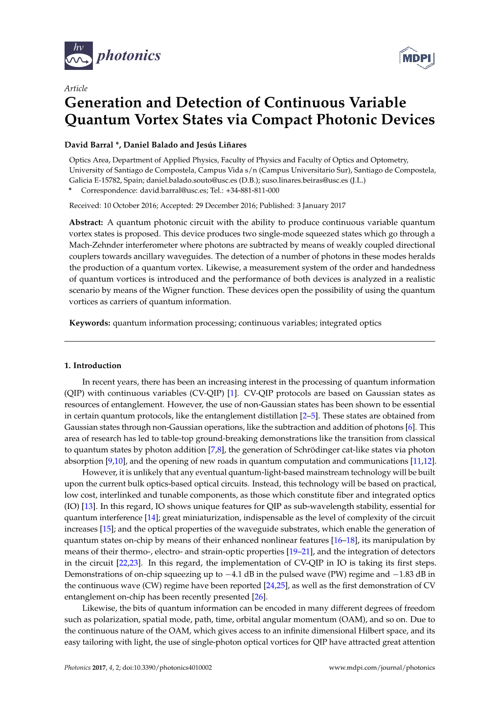 Generation and Detection of Continuous Variable Quantum Vortex States Via Compact Photonic Devices