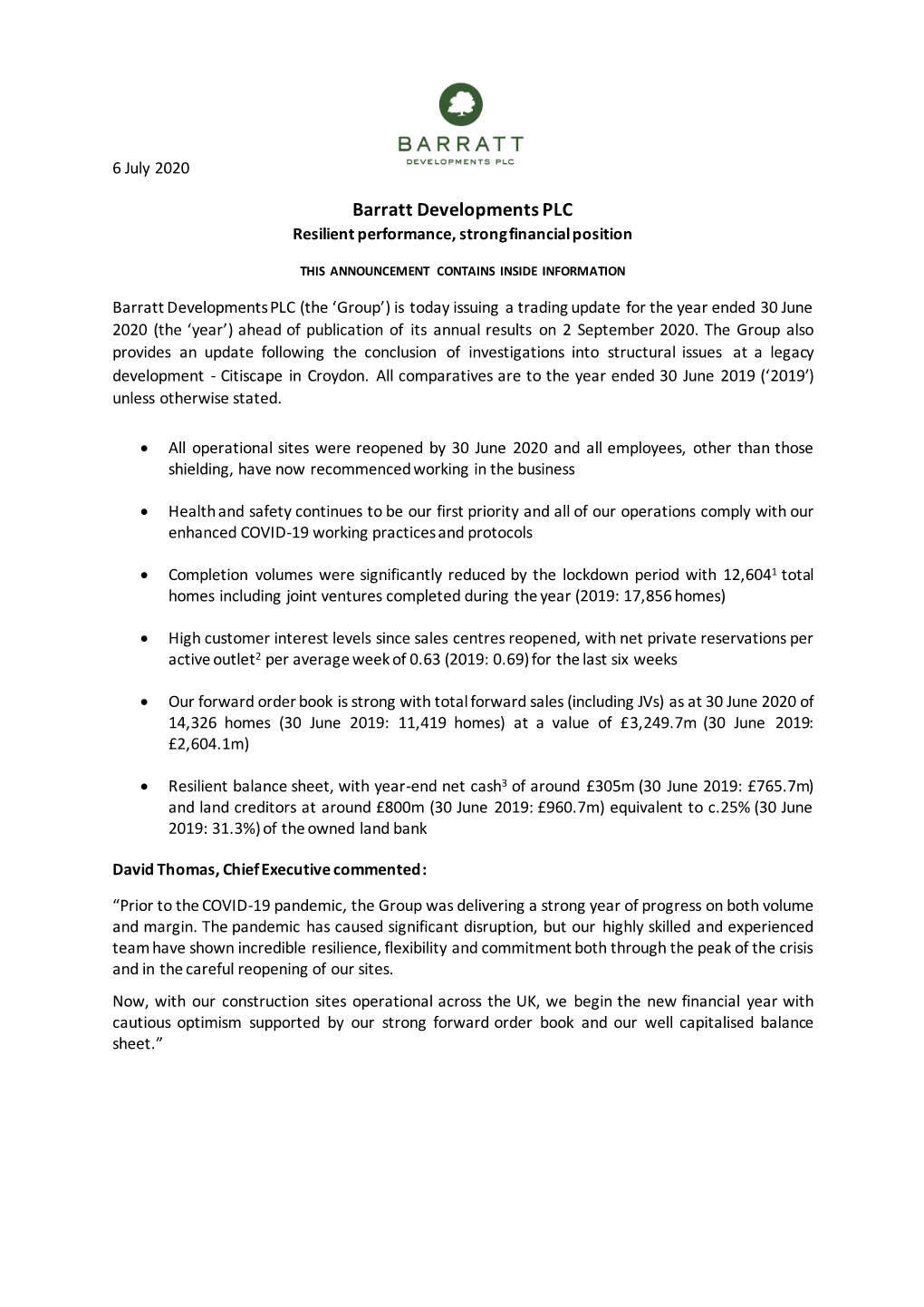 Trading Update for the Year Ended 30 June 2020 (The ‘Year’) Ahead of Publication of Its Annual Results on 2 September 2020