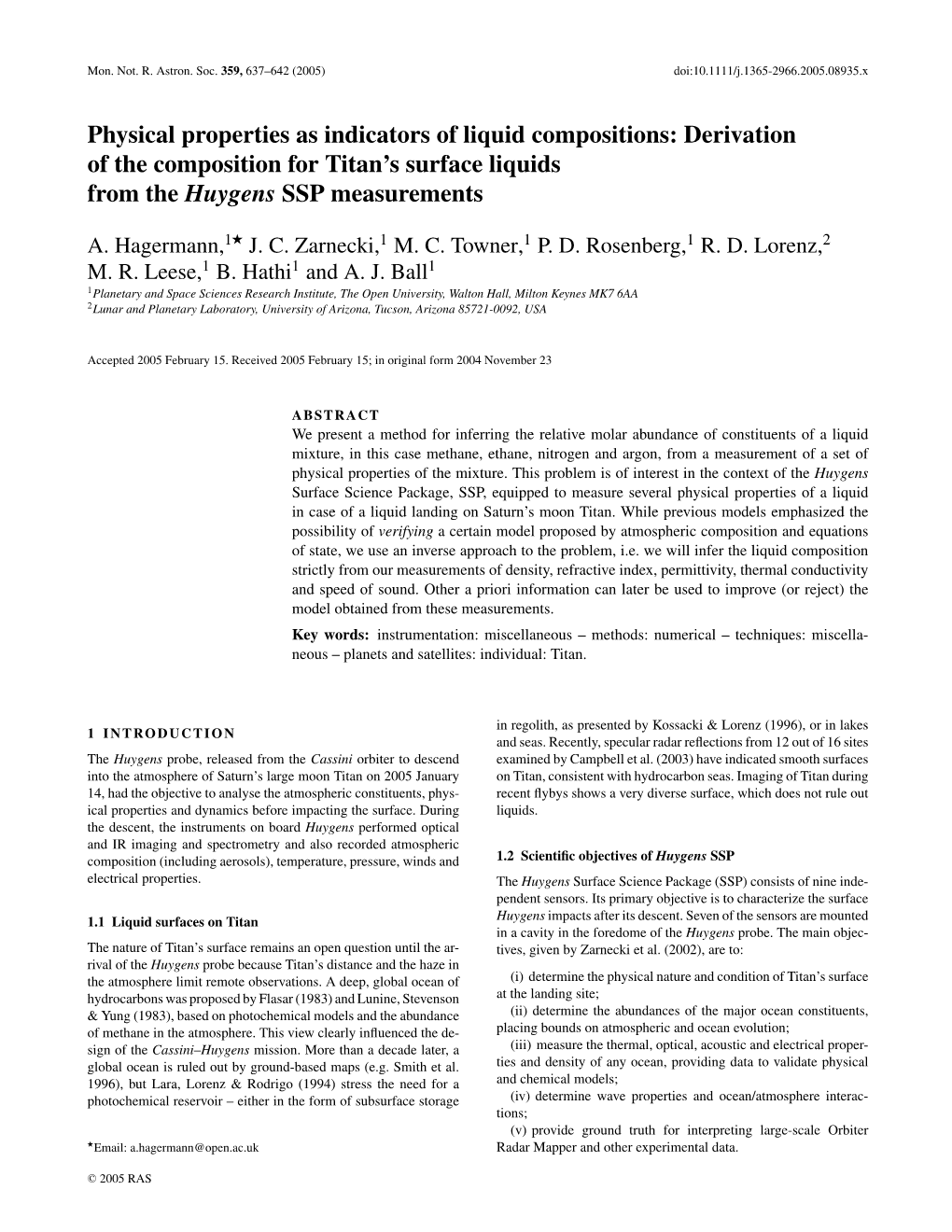 Physical Properties As Indicators of Liquid Compositions: Derivation of the Composition for Titan’S Surface Liquids from the Huygens SSP Measurements � A