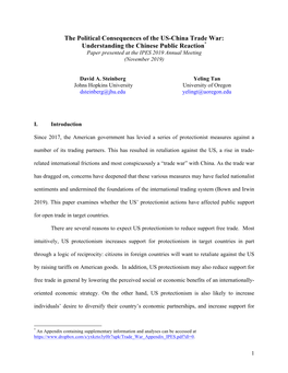 The Political Consequences of the US-China Trade War: Understanding the Chinese Public Reaction* Paper Presented at the IPES 2019 Annual Meeting (November 2019)