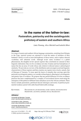 In the Name of the Father-In-Law: Pastoralism, Patriarchy and the Sociolinguistic Prehistory of Eastern and Southern Africa