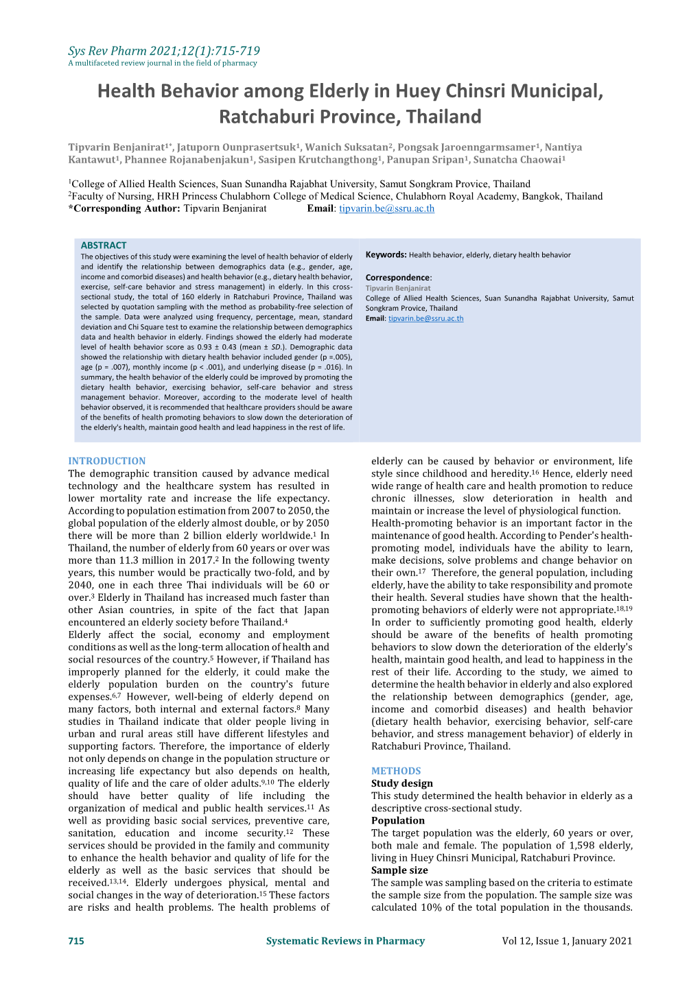 Health Behavior Among Elderly in Huey Chinsri Municipal, Ratchaburi Province, Thailand