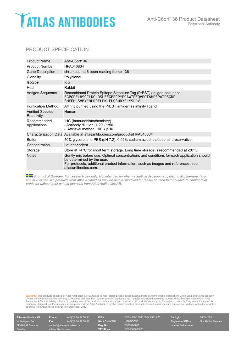 Anti-C6orf136 Product Datasheet Polyclonal Antibody