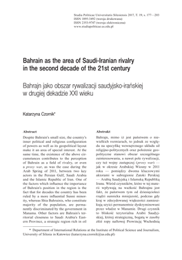 Bahrain As the Area of Saudi ‑Iranian Rivalry in the Second Decade of the 21St Century Bahrajn Jako Obszar Rywalizacji Saudyj