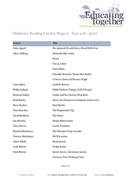 Children's Reading List Key Stage 2: Year 4 (8