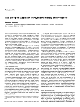 The Biological Approach to Psychiatry: History and Prospects