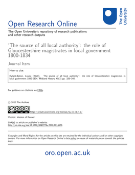 The Source of All Local Authority’: the Role of Gloucestershire Magistrates in Local Government 1800-1834 Journal Item