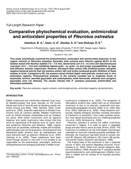 Comparative Phytochemical Evaluation, Antimicrobial and Antioxidant Properties of Pleurotus Ostreatus