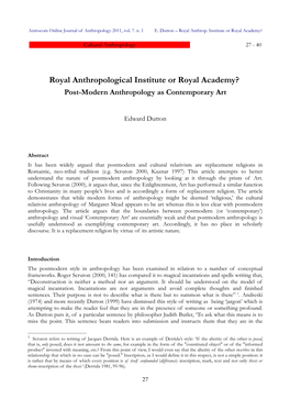 Royal Anthropological Institute Or Royal Academy? Post-Modern Anthropology As Contemporary Art