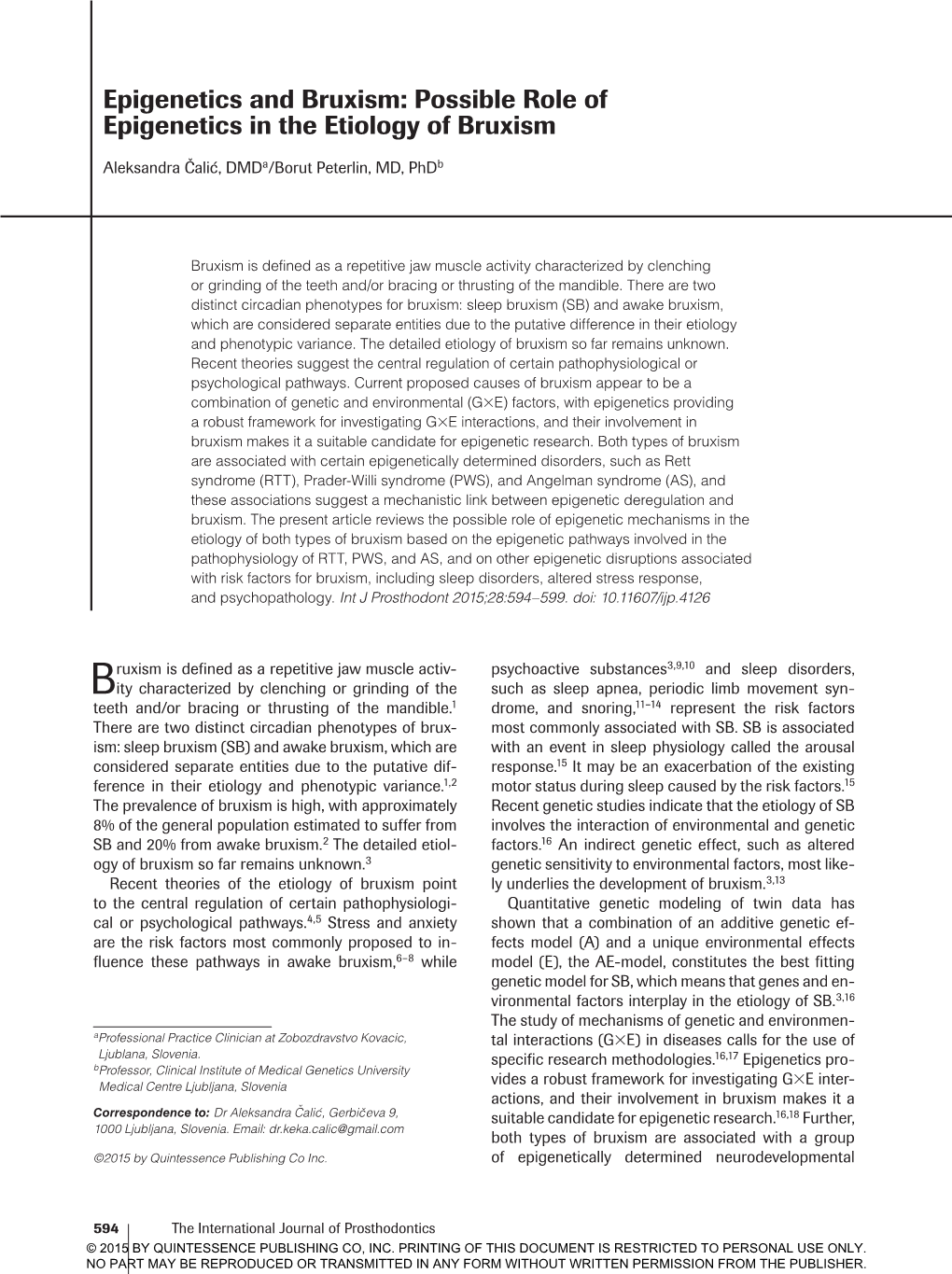 Epigenetics and Bruxism: Possible Role of Epigenetics in the Etiology of Bruxism