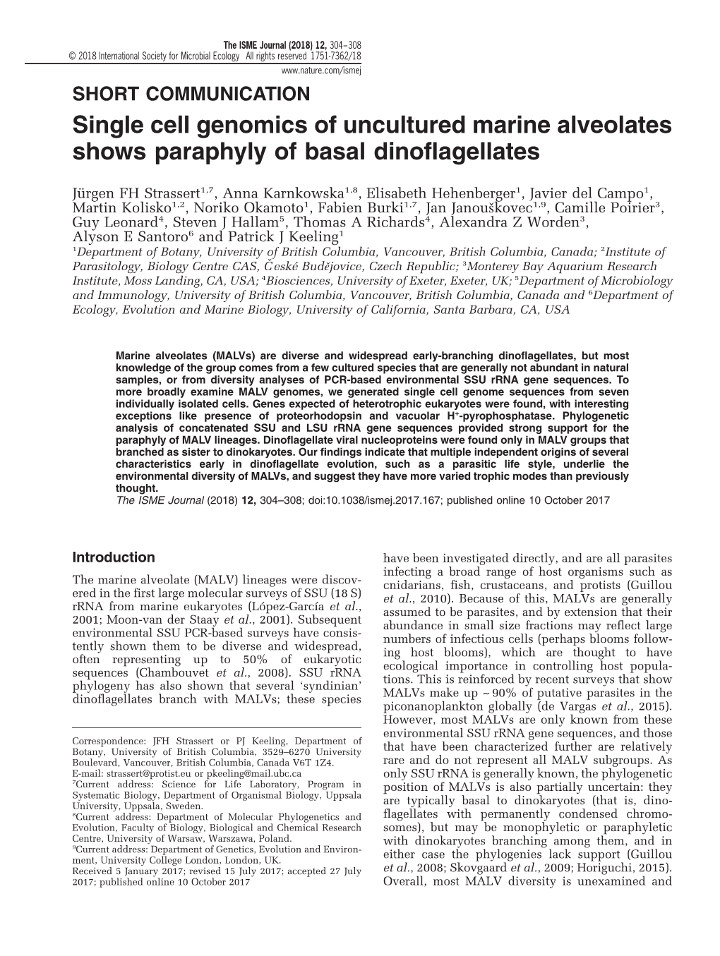 Single Cell Genomics of Uncultured Marine Alveolates Shows Paraphyly of Basal Dinoflagellates