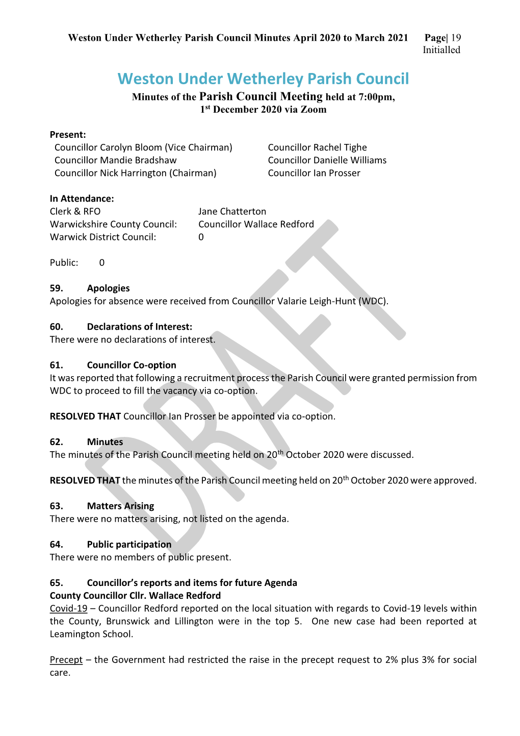 Weston Under Wetherley Parish Council Minutes April 2020 to March 2021 Page| 19 Initialled