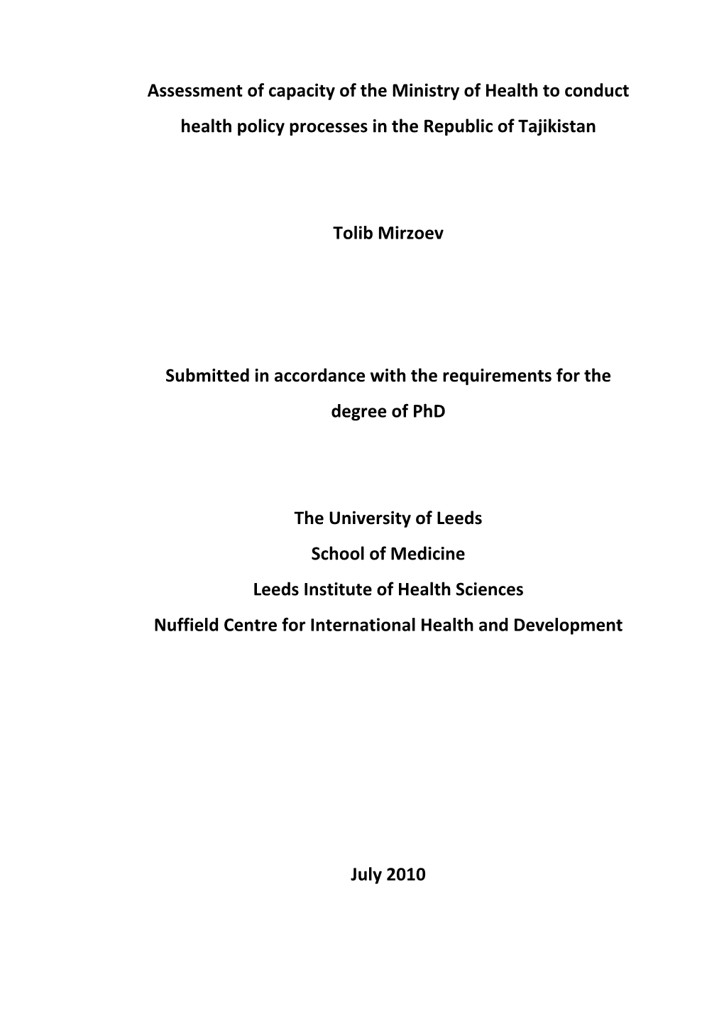 Assessment of Capacity of the Ministry of Health to Conduct Health Policy Processes in the Republic of Tajikistan