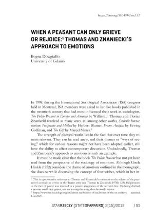 When a Peasant Can Only Grieve Or Rejoice:1 Thomas and Znaniecki’S Approach to Emotions