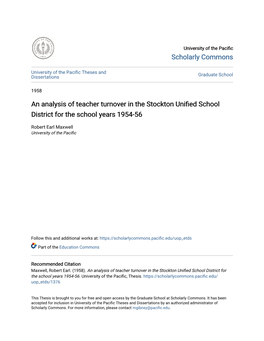 An Analysis of Teacher Turnover in the Stockton Unified School District for the School Years 1954-56