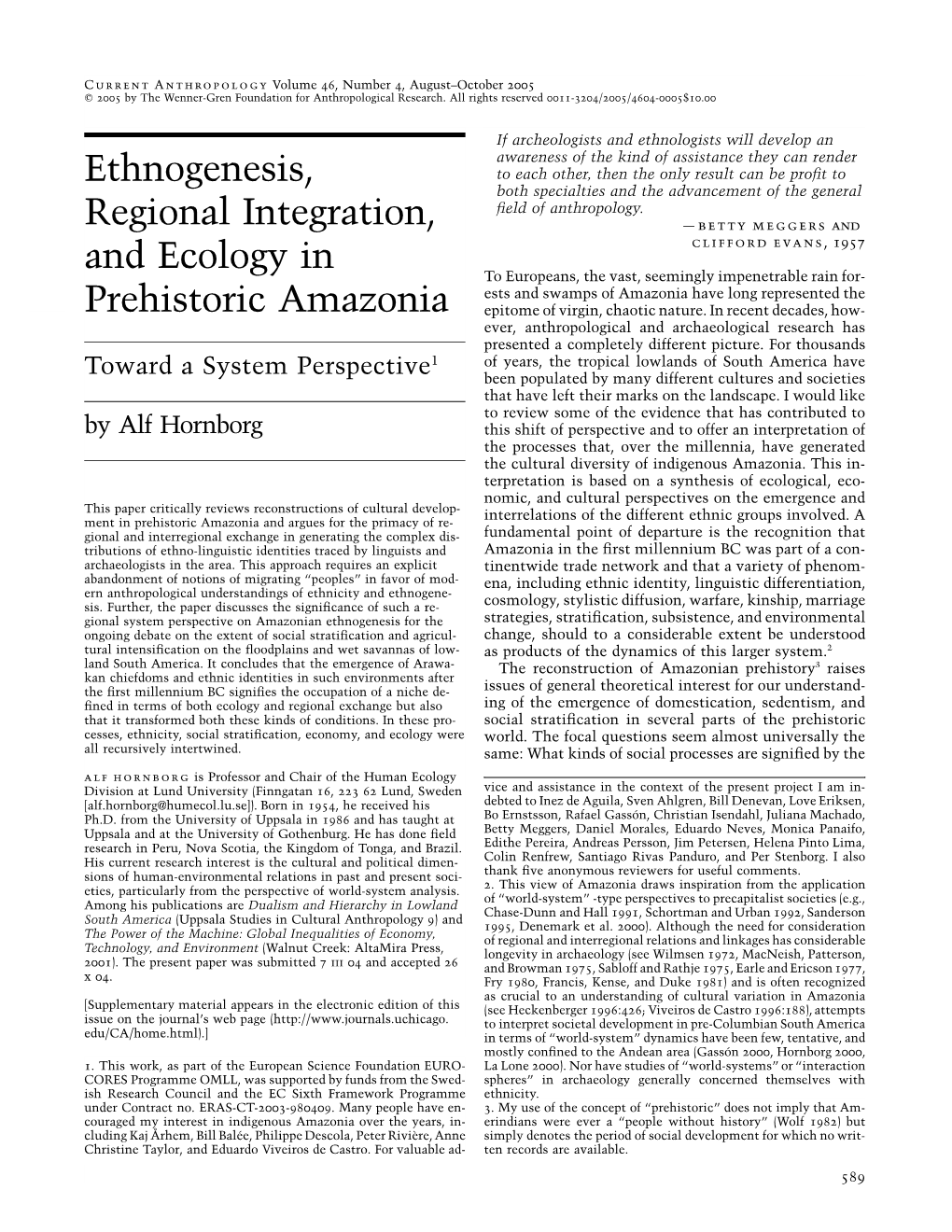 Ethnogenesis, Regional Integration, and Ecology in Prehistoric Amazonia