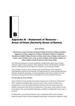 Appendix B – Statement of Reasons – Ansar Al-Islam (Formerly Ansar Al-Sunna)