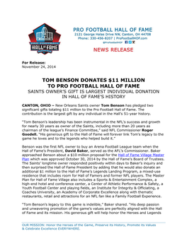 Tom Benson Donates $11 Million to Pro Football Hall of Fame Saints Owner’S Gift Is Largest Individual Donation in Hall of Fame’S History