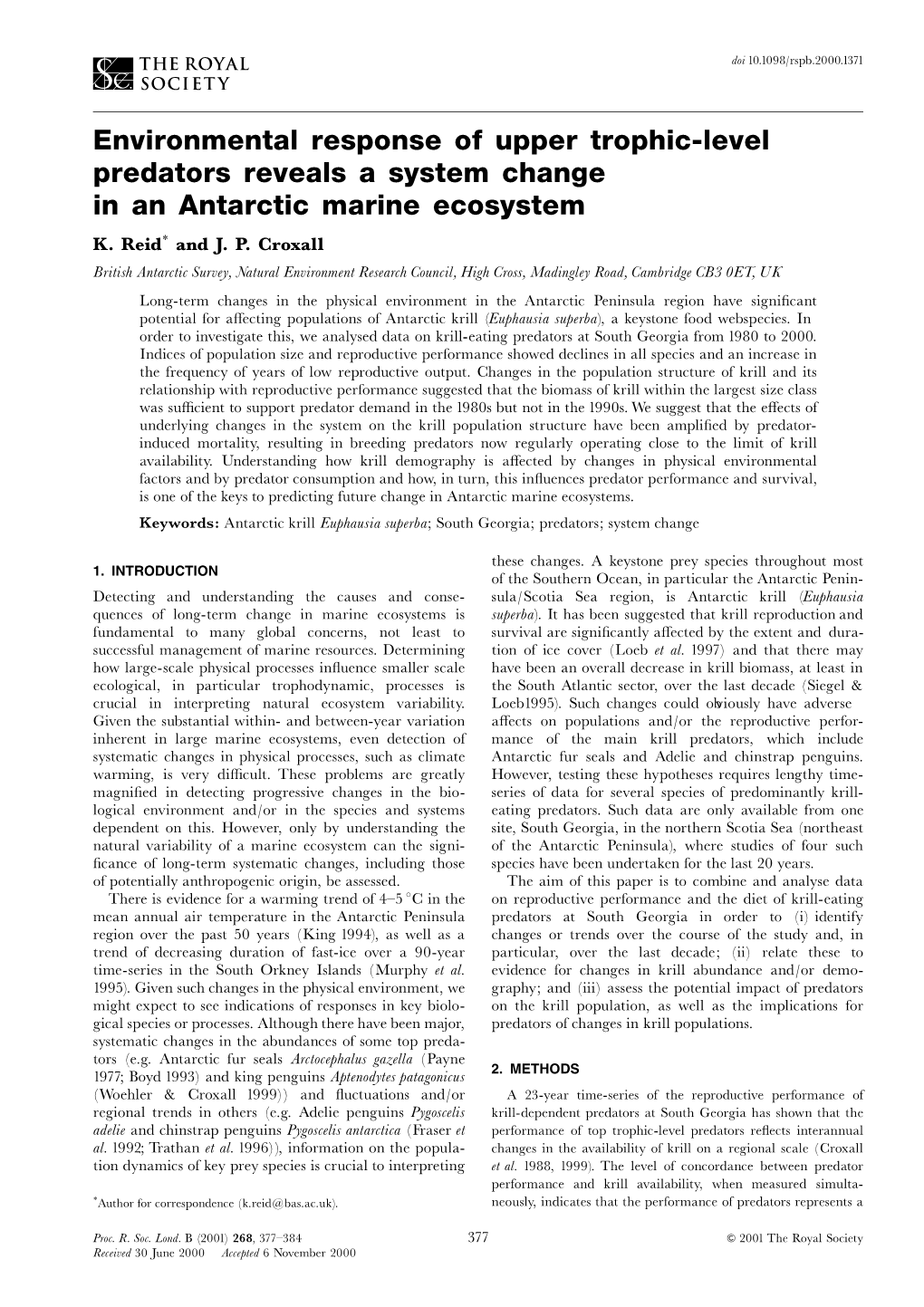 Environmental Response of Upper Trophic-Level Predators Reveals a System Change in an Antarctic Marine Ecosystem K