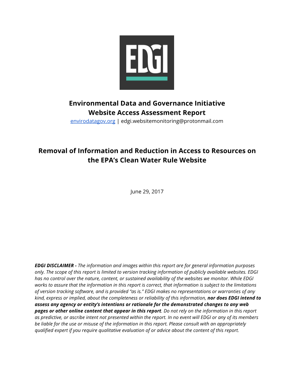Environmental Data and Governance Initiative Website Access Assessment Report Removal of Information and Reductio