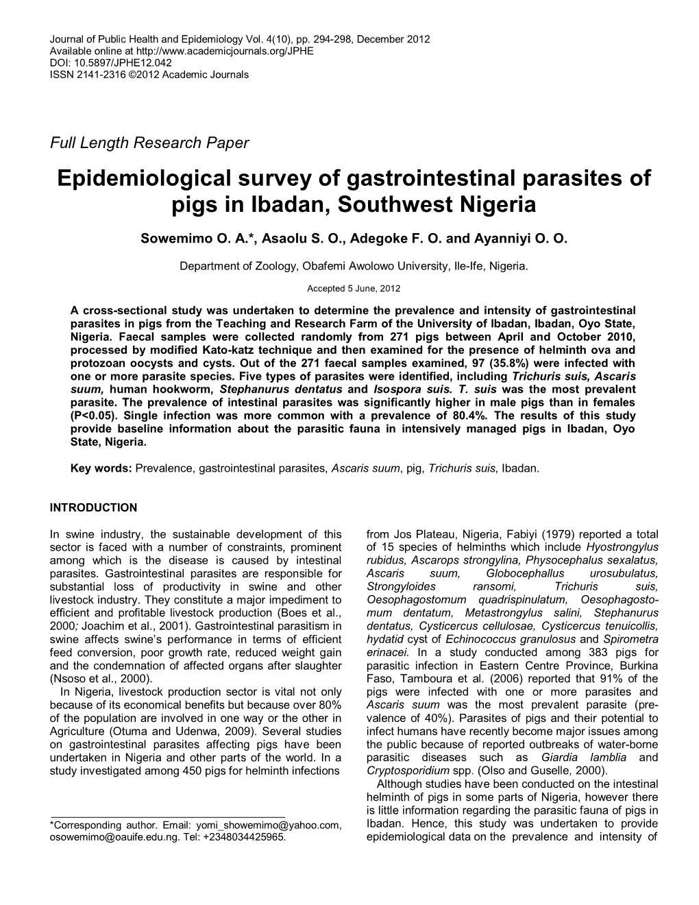 Epidemiological Survey of Gastrointestinal Parasites of Pigs in Ibadan, Southwest Nigeria